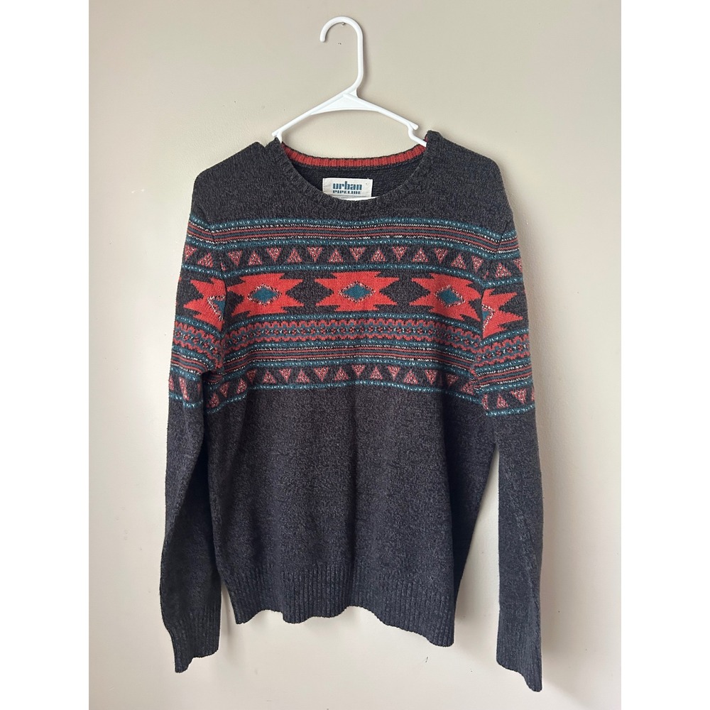 Urban Pipeline Aztec Pattern Sweater Mens Large‎ Gray Red Teal Knit Pullover